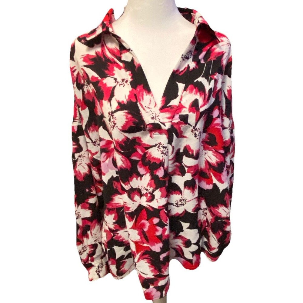 Rafaella Women’s 2X Colorful Blouse Bright Bold Long Sleeve Floral Red Collard